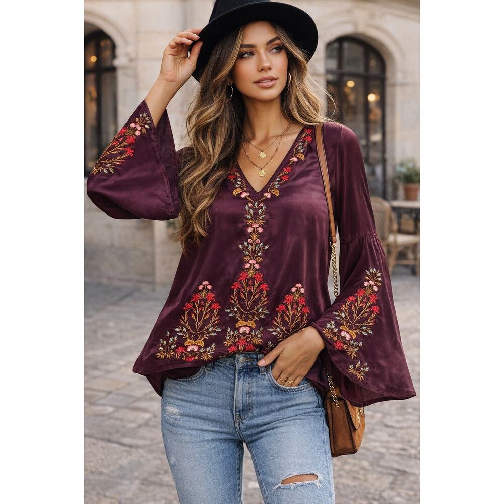 Sundance Embroidered Blouse Women's Small Burgundy V-Neck Bell Sleeve Boho